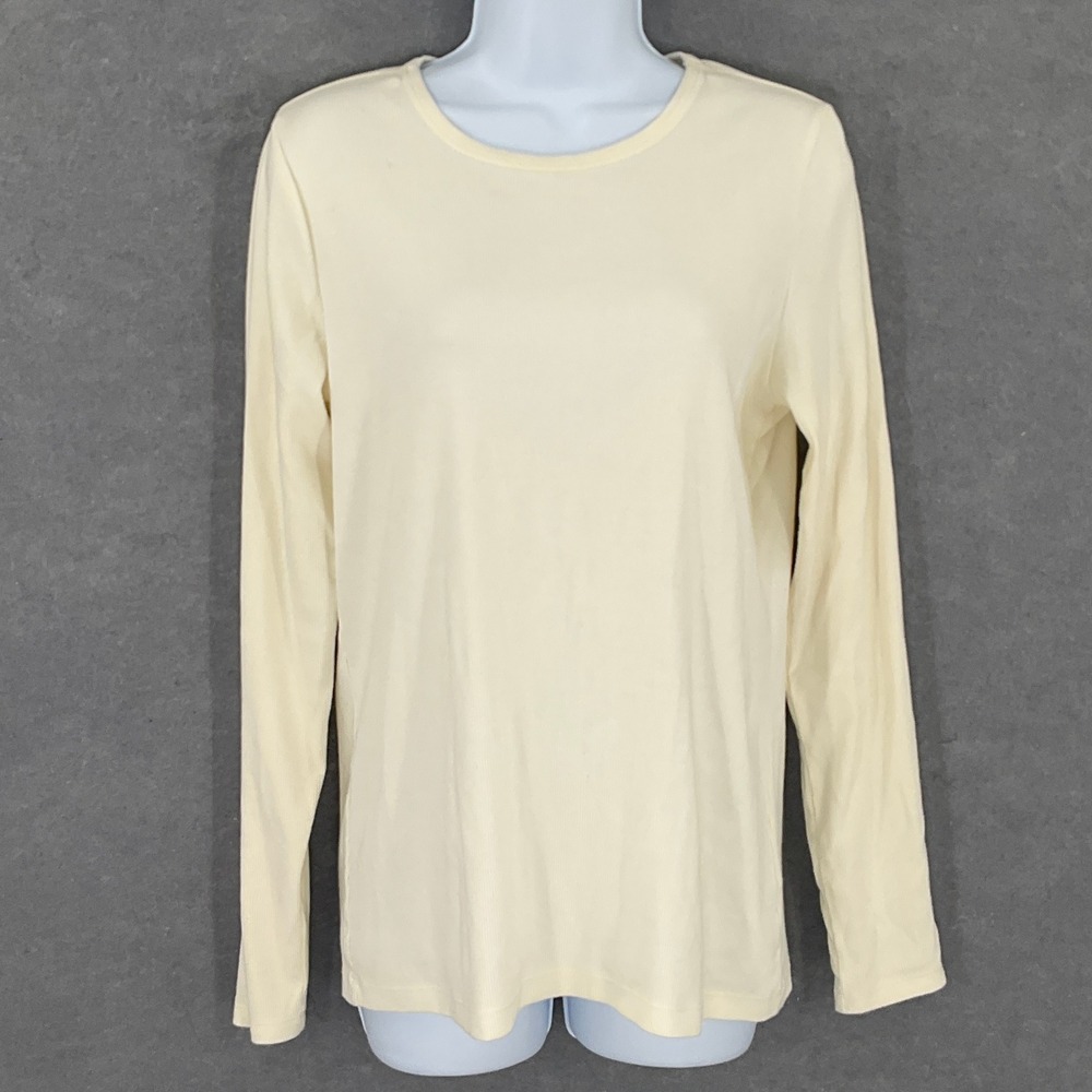Lands' End Top Women's Cream Ribbed Knit Long Sleeve Crew Neck Layer Essential